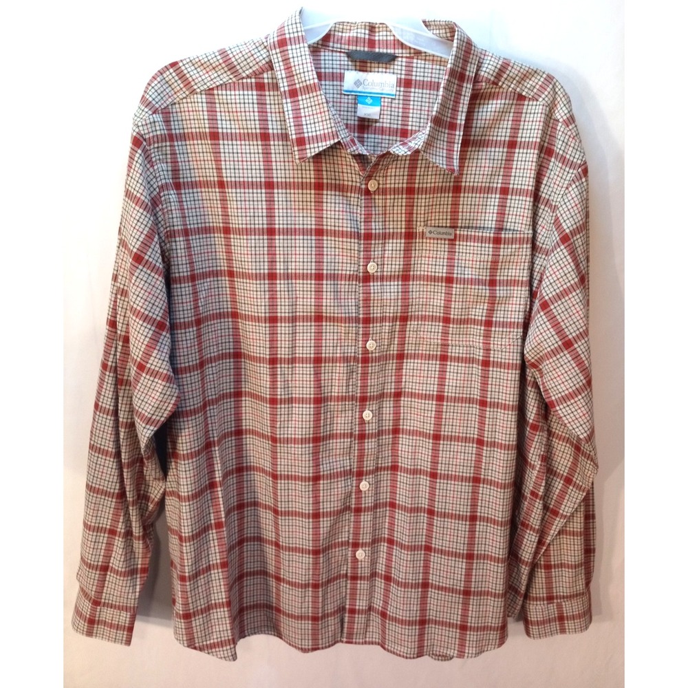 Men's Columbia Button Down Long Sleeve Shirt, XXL, Red Beige Plaid